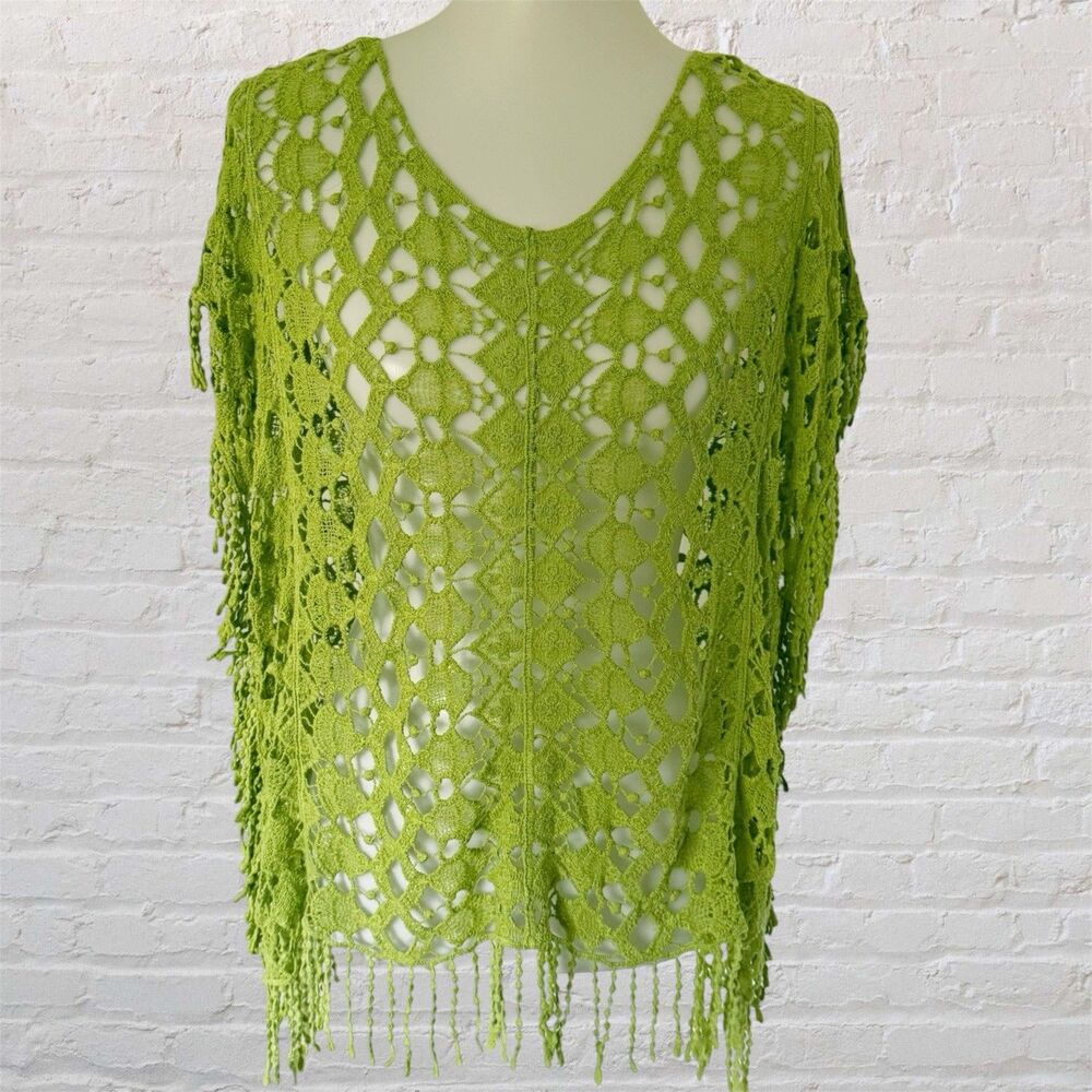 Vtg Y2K Lime Green Crochet Fringe Knit Top XL Boho Festival Hippie Fairy Beach